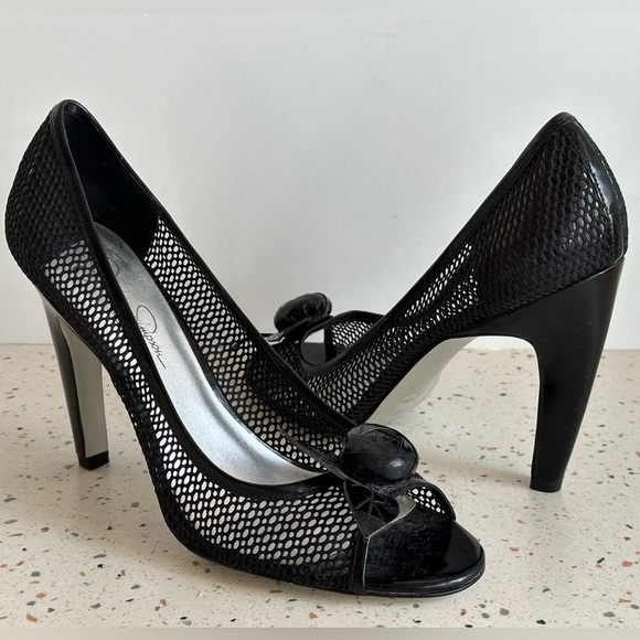 NWOT Jessica Simpson Hasper Black‎ Fishnet High Heels with Flower Peep Toes - Picture 8 of 13
